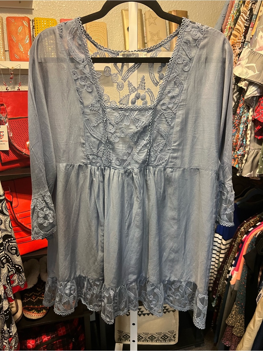 Monoreno Light Blue Embroidered V-Neck Tunic